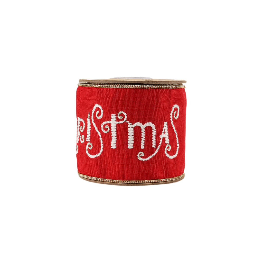 4" Wired Ribbon | Merry Christmas Embroidered on Red Canvas w/ Tissue Backing | 5 Yard Roll