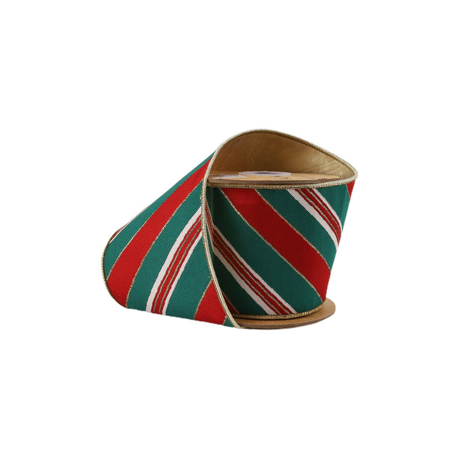 4" Wired Jacquard Ribbon | Red/Green Christmas Stripes w/ Gold Backing | 5 Yard Roll LaRibbons and Crafts