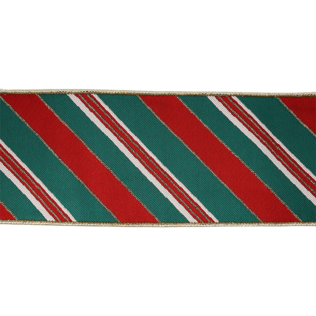 4" Wired Jacquard Ribbon | Red/Green Christmas Stripes w/ Gold Backing | 5 Yard Roll LaRibbons and Crafts