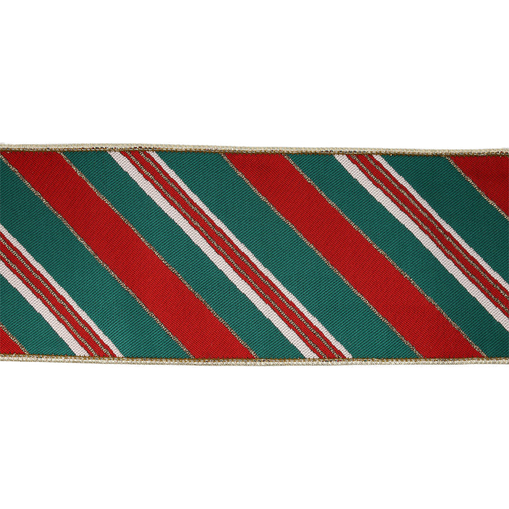 4" Wired Jacquard Ribbon | Red/Green Christmas Stripes w/ Gold Backing | 5 Yard Roll