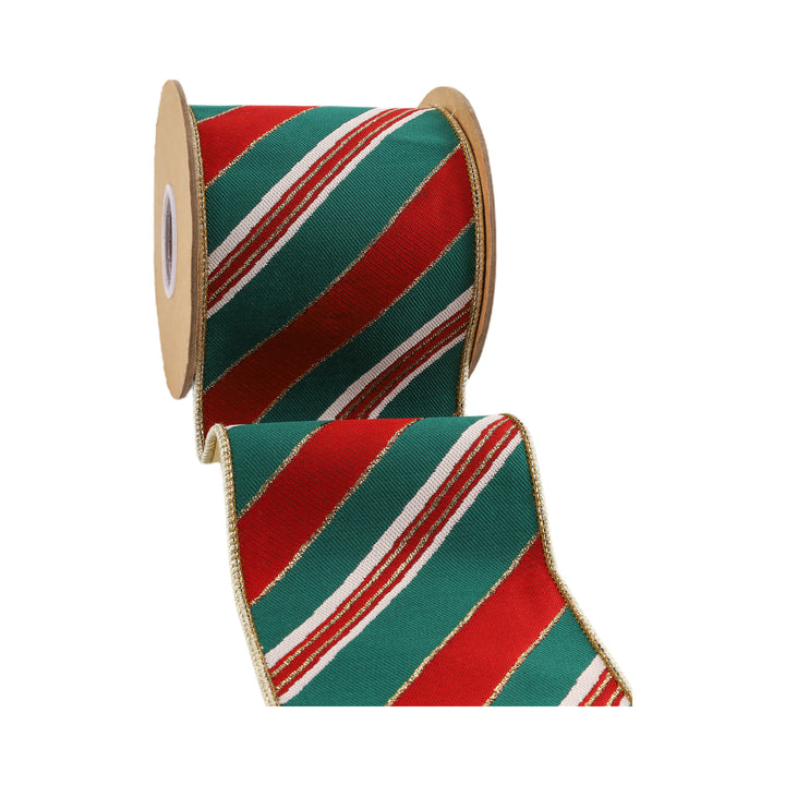 4" Wired Jacquard Ribbon | Red/Green Christmas Stripes w/ Gold Backing | 5 Yard Roll