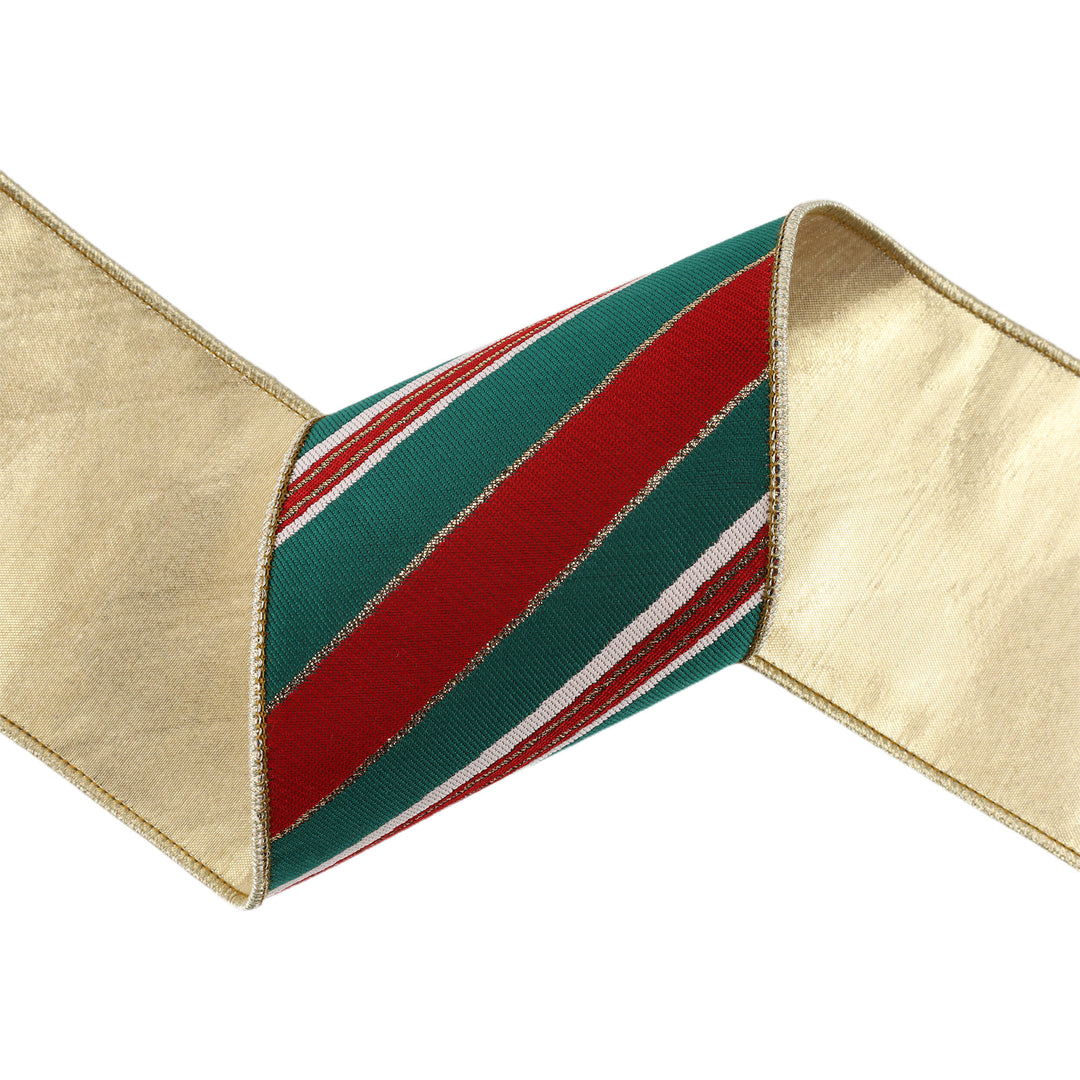 4" Wired Jacquard Ribbon | Red/Green Christmas Stripes w/ Gold Backing | 5 Yard Roll