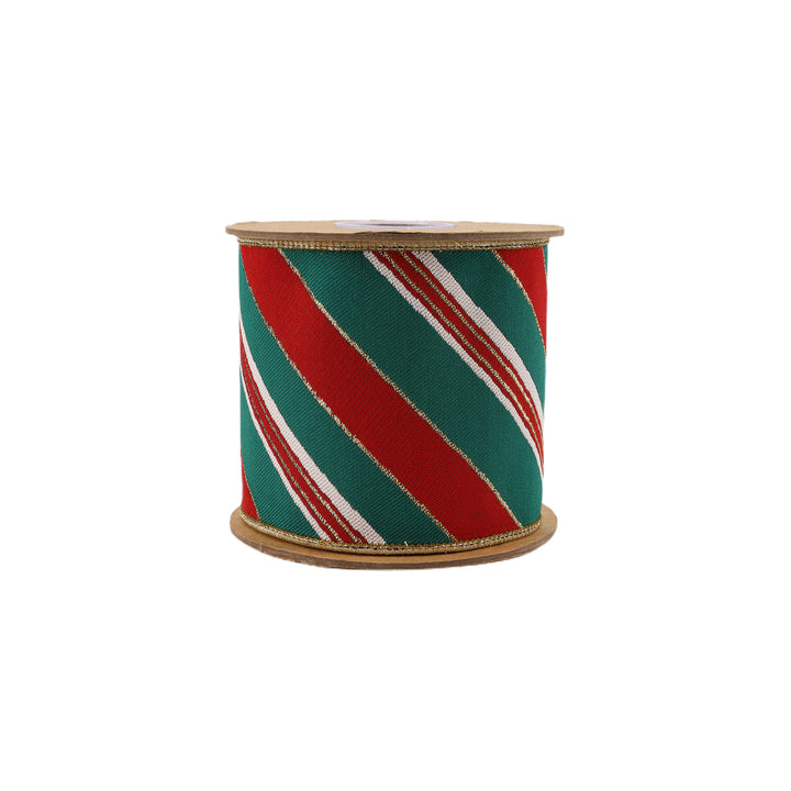 4" Wired Jacquard Ribbon | Red/Green Christmas Stripes w/ Gold Backing | 5 Yard Roll