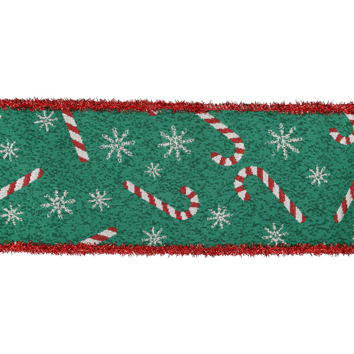 4" Wired Jacquard Ribbon | Candy Cane on Green w/ Red Tinsel Edge | 5 Yard Roll