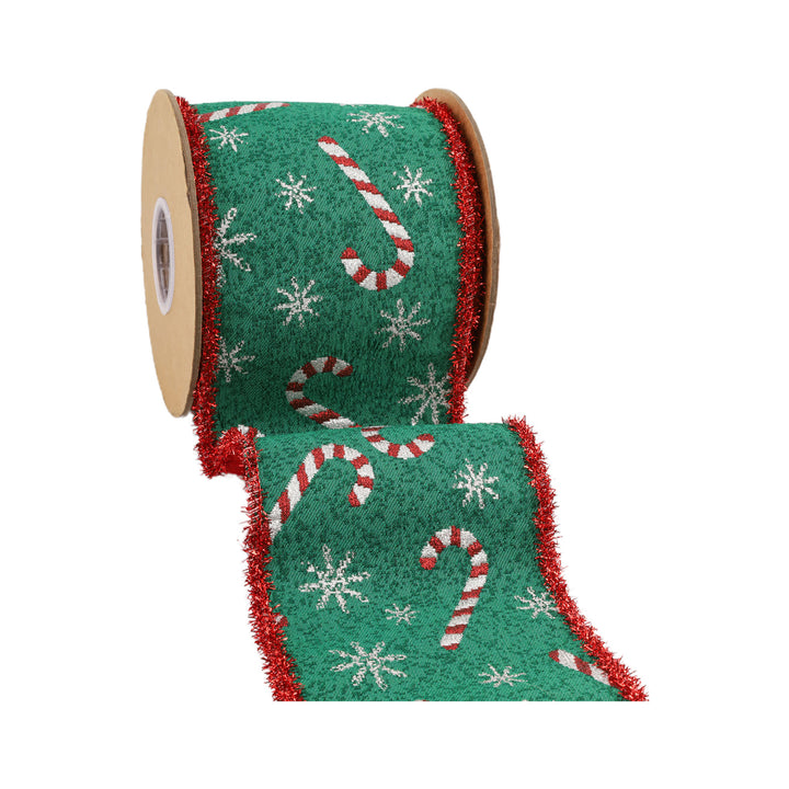 4" Wired Jacquard Ribbon | Candy Cane on Green w/ Red Tinsel Edge | 5 Yard Roll