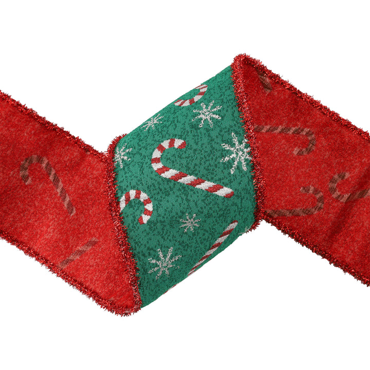 4" Wired Jacquard Ribbon | Candy Cane on Green w/ Red Tinsel Edge | 5 Yard Roll