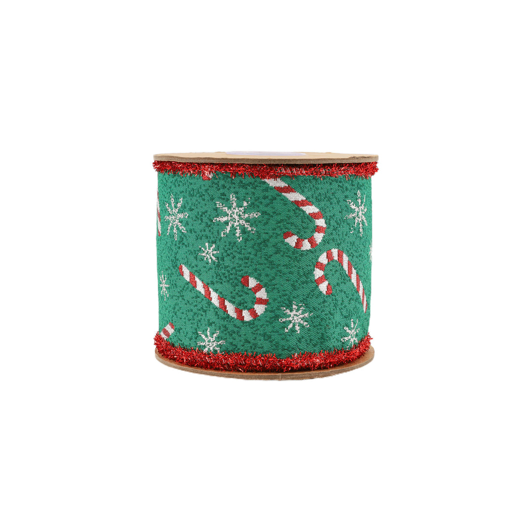 4" Wired Jacquard Ribbon | Candy Cane on Green w/ Red Tinsel Edge | 5 Yard Roll