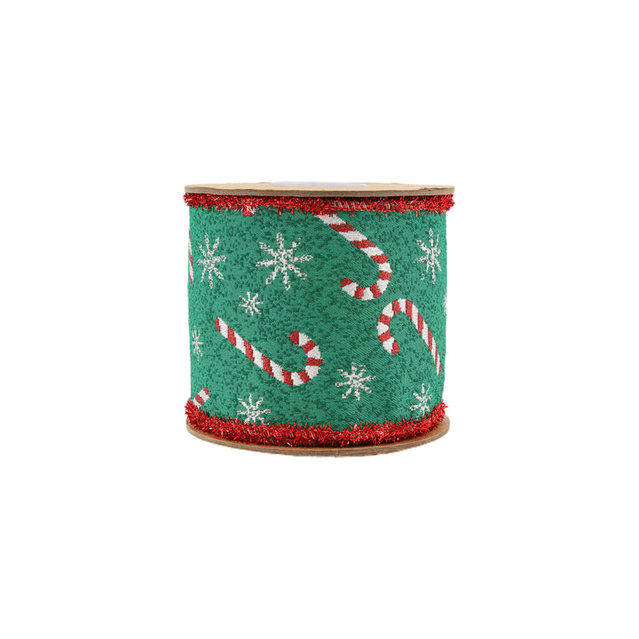 4" Wired Jacquard Ribbon | Candy Cane on Green w/ Red Tinsel Edge | 5 Yard Roll