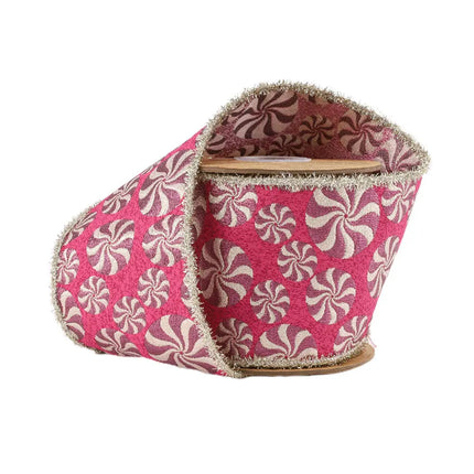 4" Wired Jacquard Ribbon | Peppermint on Fuschia w/ Tinsel Edge | 5 Yard Roll LaRibbons and Crafts