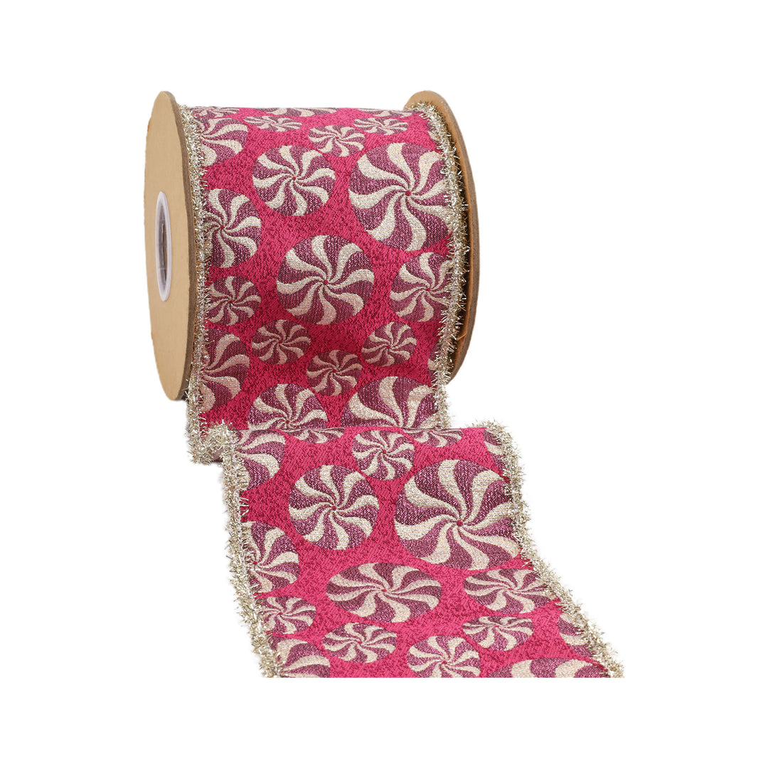 4" Wired Jacquard Ribbon | Peppermint on Fuschia w/ Tinsel Edge | 5 Yard Roll