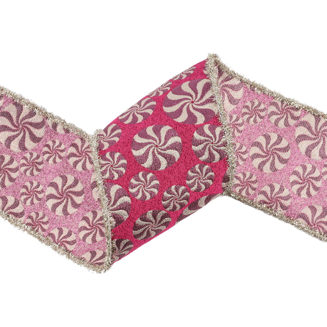 4" Wired Jacquard Ribbon | Peppermint on Fuschia w/ Tinsel Edge | 5 Yard Roll