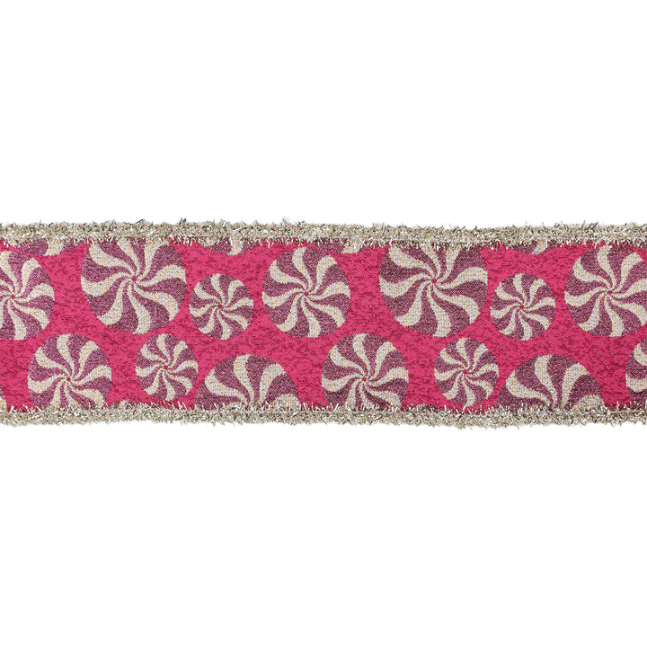 2 1/2" Wired Jacquard Ribbon | Peppermint on Fuschia w/ Tinsel Edge | 5 Yard Roll