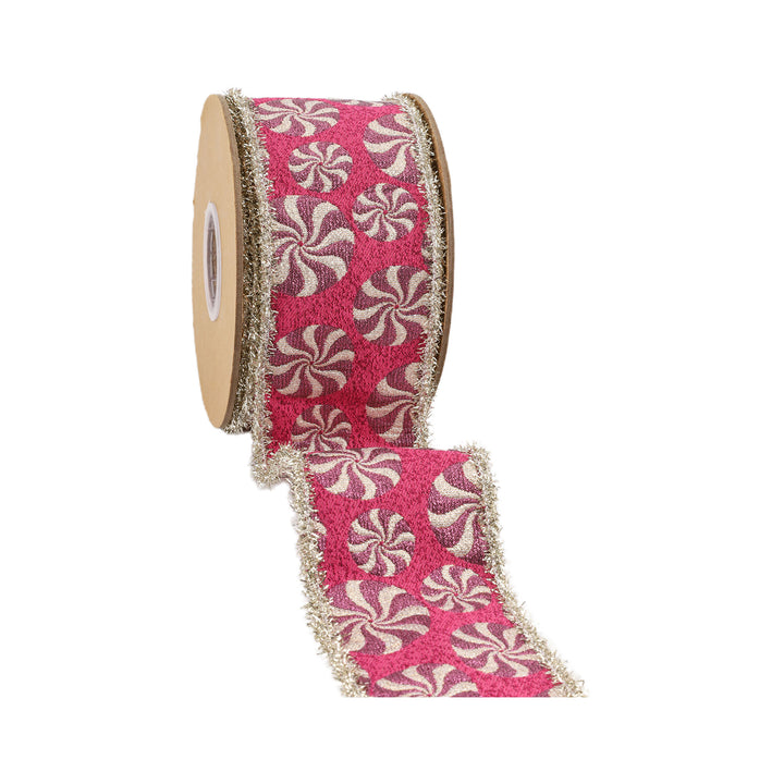 2 1/2" Wired Jacquard Ribbon | Peppermint on Fuschia w/ Tinsel Edge | 5 Yard Roll