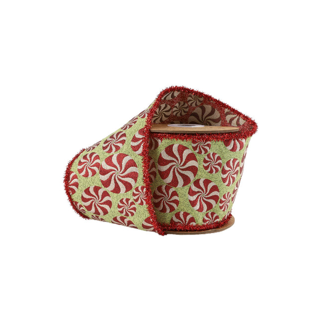 4" Wired Jacquard Ribbon | Peppermint on Apple Green w/ Tinsel Edge | 5 Yard Roll LaRibbons and Crafts