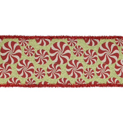 4" Wired Jacquard Ribbon | Peppermint on Apple Green w/ Tinsel Edge | 5 Yard Roll LaRibbons and Crafts