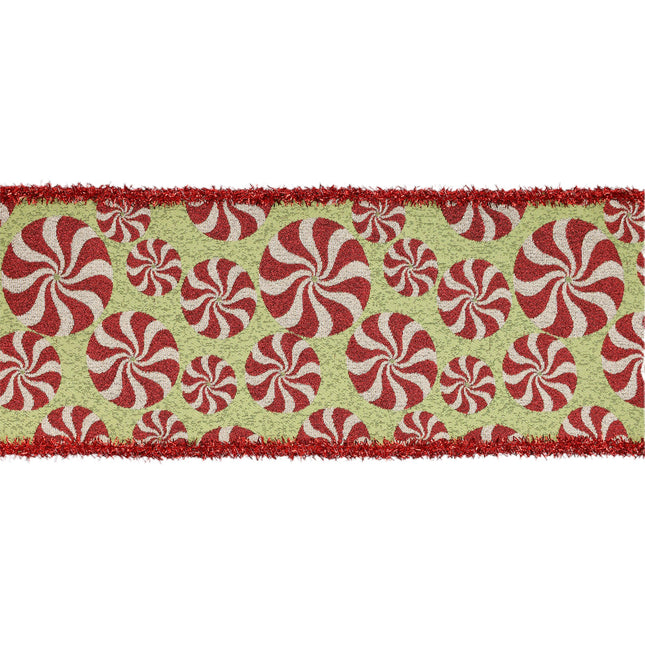4" Wired Jacquard Ribbon | Peppermint on Apple Green w/ Tinsel Edge | 5 Yard Roll LaRibbons and Crafts