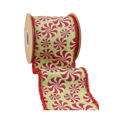 4" Wired Jacquard Ribbon | Peppermint on Apple Green w/ Tinsel Edge | 5 Yard Roll LaRibbons and Crafts