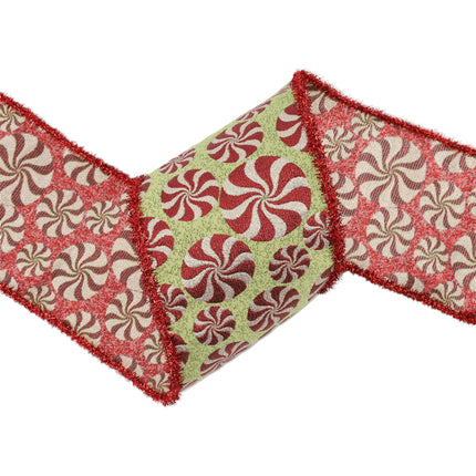 4" Wired Jacquard Ribbon | Peppermint on Apple Green w/ Tinsel Edge | 5 Yard Roll LaRibbons and Crafts