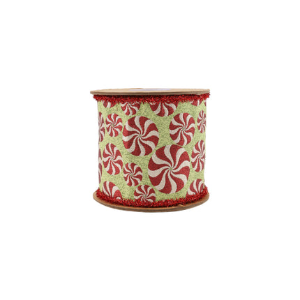 4" Wired Jacquard Ribbon | Peppermint on Apple Green w/ Tinsel Edge | 5 Yard Roll LaRibbons and Crafts