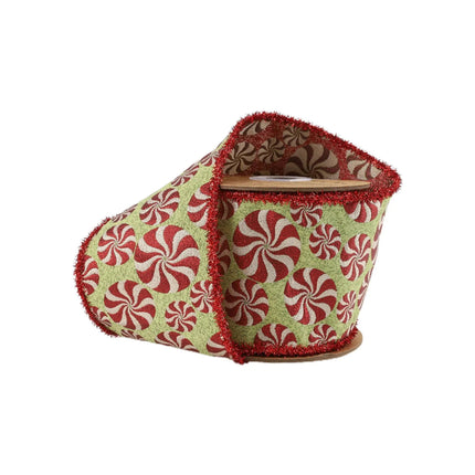 4" Wired Jacquard Ribbon | Peppermint on Apple Green w/ Tinsel Edge | 5 Yard Roll LaRibbons and Crafts