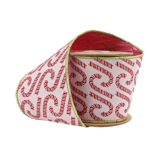 4" Wired Jacquard Ribbon | Candy Cane on Pink w/ Dupioni Backing | 5 Yard Roll LaRibbons and Crafts