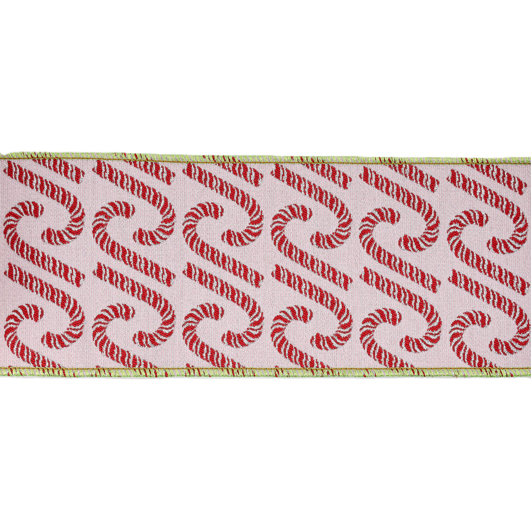 4" Wired Jacquard Ribbon | Candy Cane on Pink w/ Dupioni Backing | 5 Yard Roll