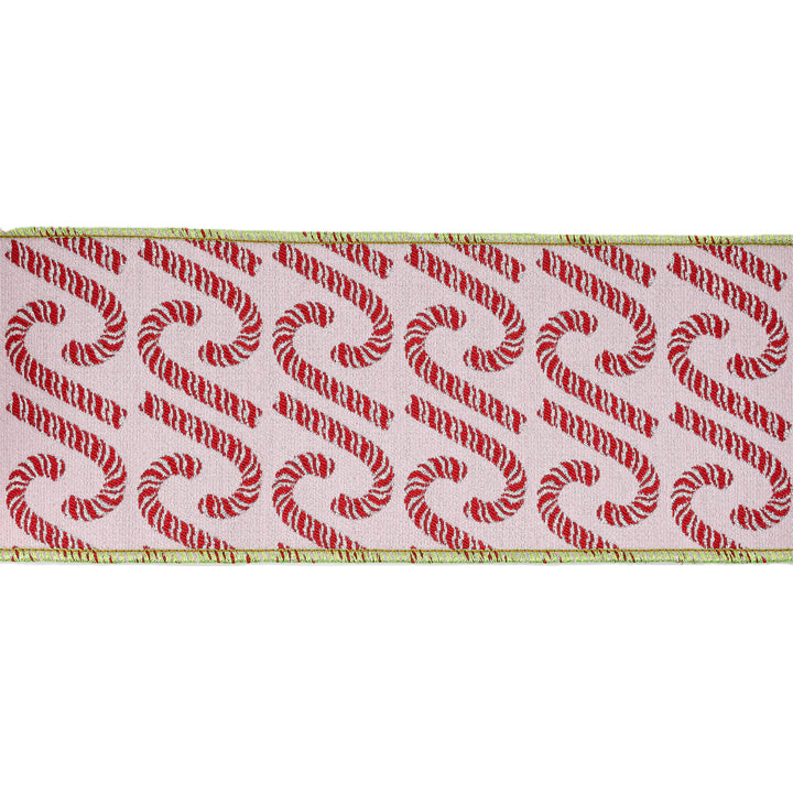 4" Wired Jacquard Ribbon | Candy Cane on Pink w/ Dupioni Backing | 5 Yard Roll