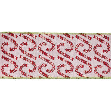 This festive ribbon features a pink base with red candy cane designs and green trim, ideal for adding a holiday touch to crafts.