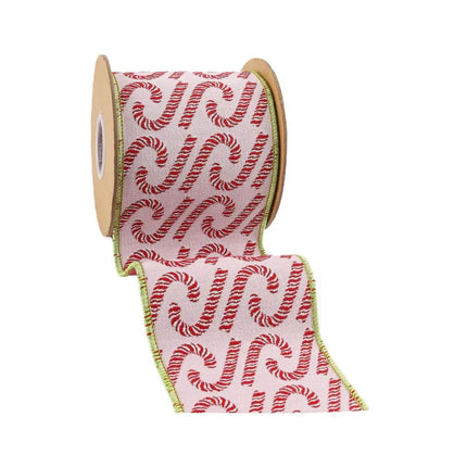 A roll of pink ribbon adorned with red candy cane motifs and green edges, great for Christmas decor.