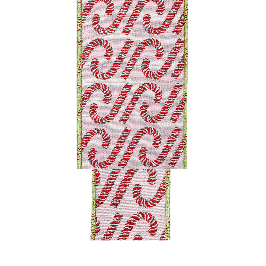 4" Wired Jacquard Ribbon | Candy Cane on Pink w/ Dupioni Backing | 5 Yard Roll