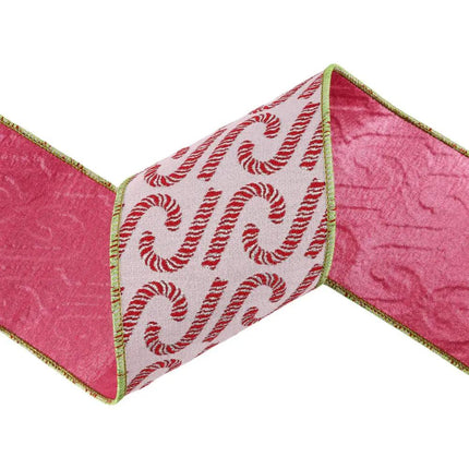 This showcases a pink ribbon with red candy cane patterns and green detailing, with a pink backing.