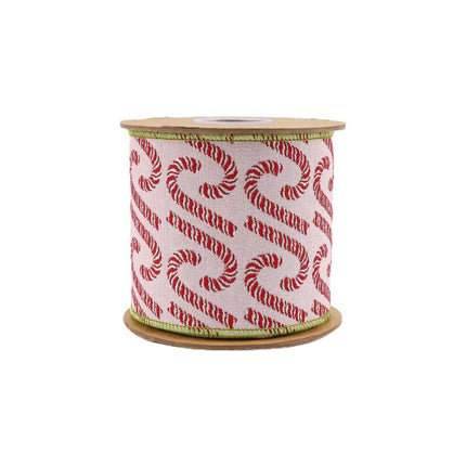 Pink ribbon with red candy cane designs and green edging,  ideal for crafting and decorative styling during Christmas.