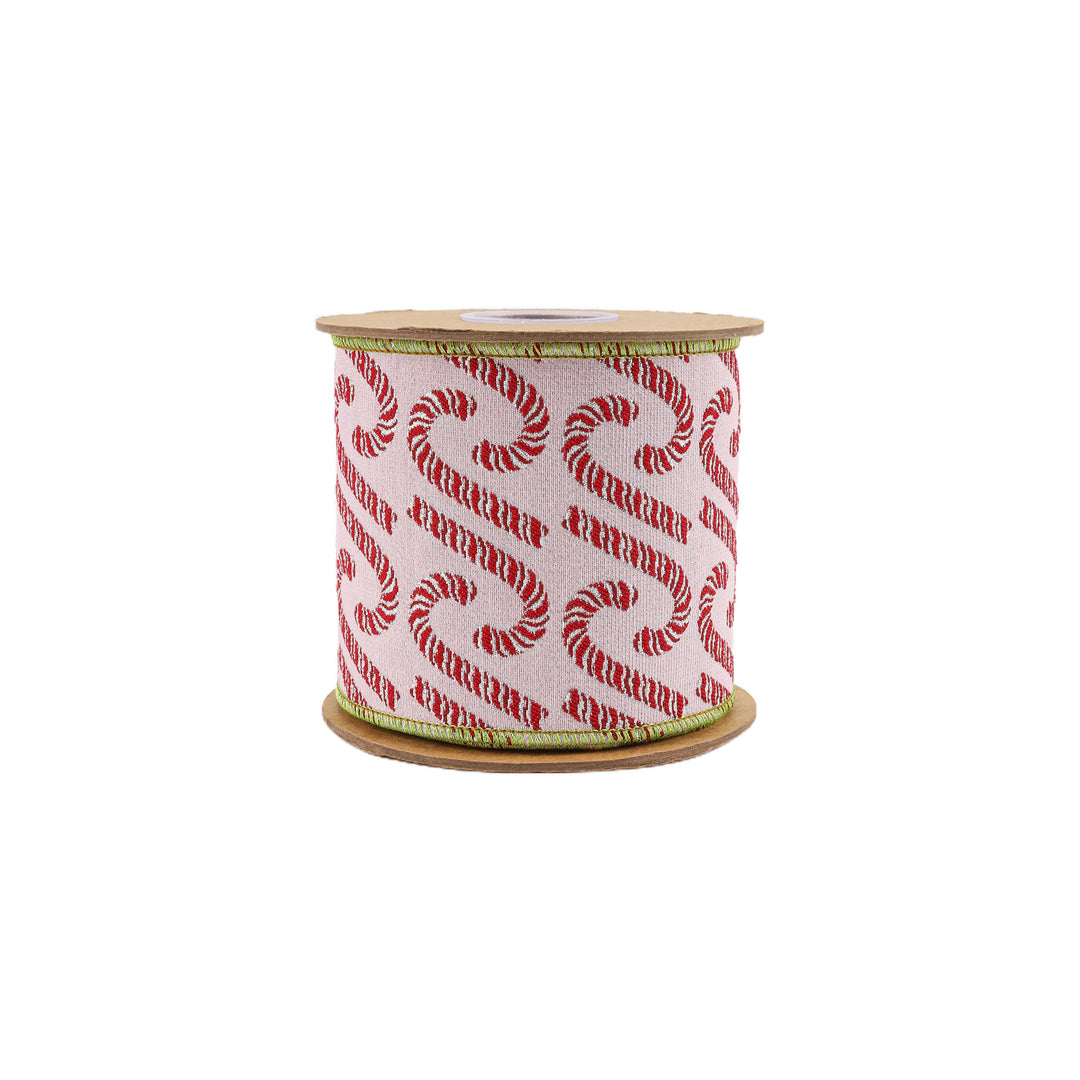 4" Wired Jacquard Ribbon | Candy Cane on Pink w/ Dupioni Backing | 5 Yard Roll