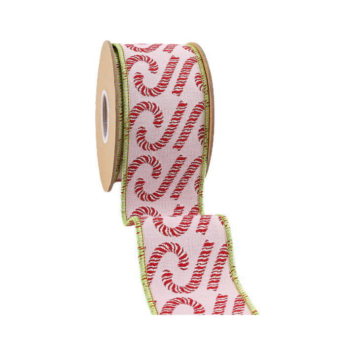 2 1/2" Wired Jacquard Ribbon | Candy Cane on Pink w/ Dupioni Back | 5 Yard Roll