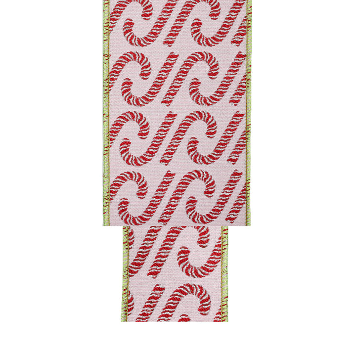 2 1/2" Wired Jacquard Ribbon | Candy Cane on Pink w/ Dupioni Back | 5 Yard Roll