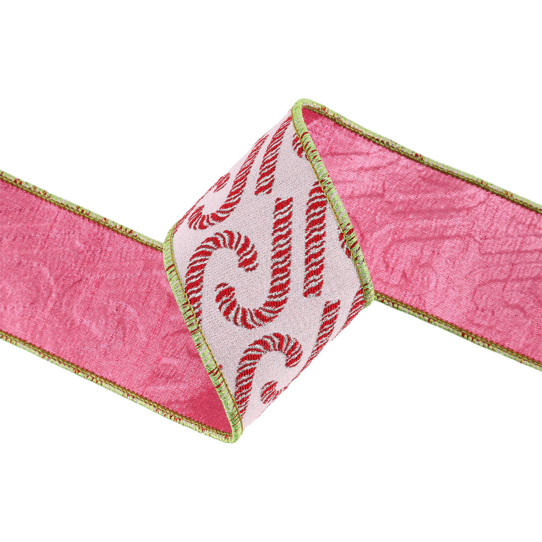 2 1/2" Wired Jacquard Ribbon | Candy Cane on Pink w/ Dupioni Back | 5 Yard Roll