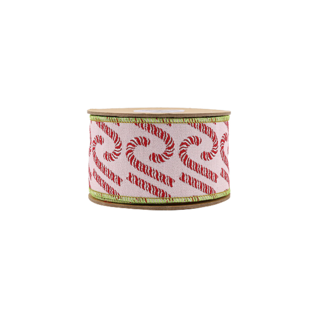 2 1/2" Wired Jacquard Ribbon | Candy Cane on Pink w/ Dupioni Back | 5 Yard Roll