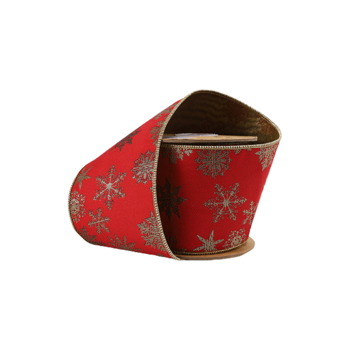 4" Wired Jacquard Ribbon | Red Snowflake w/ Tissue Backing | 5 Yard Roll