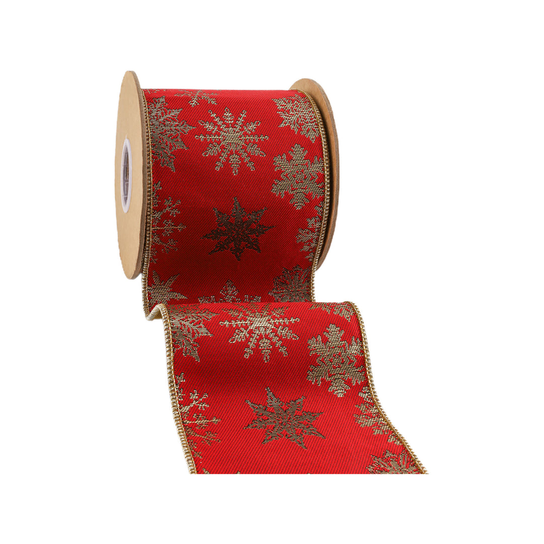 4" Wired Jacquard Ribbon | Red Snowflake w/ Tissue Backing | 5 Yard Roll