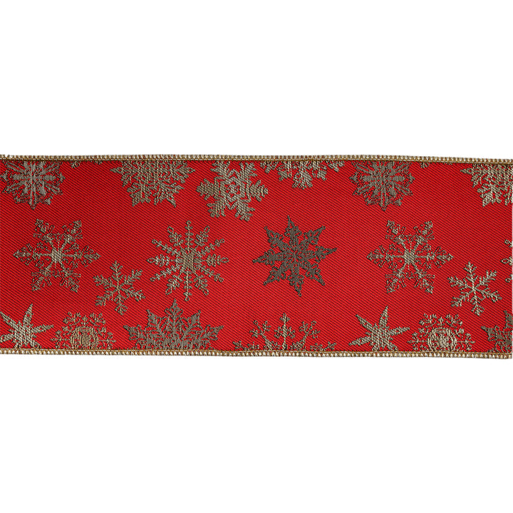 4" Wired Jacquard Ribbon | Red Snowflake w/ Tissue Backing | 5 Yard Roll