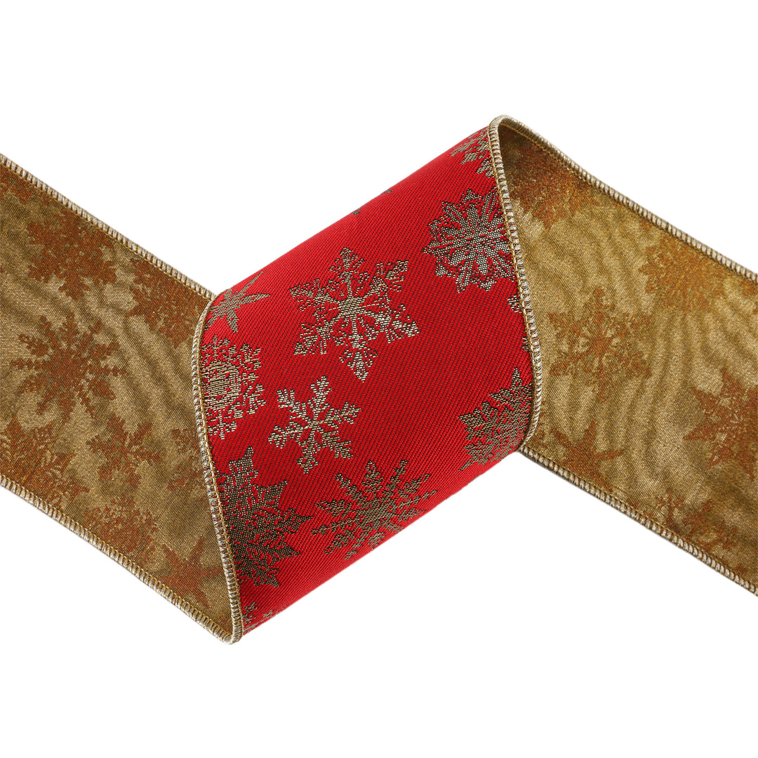 4" Wired Jacquard Ribbon | Red Snowflake w/ Tissue Backing | 5 Yard Roll