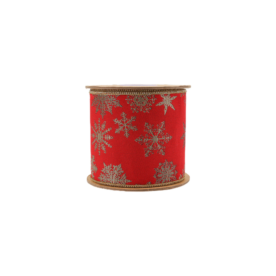 4" Wired Jacquard Ribbon | Red Snowflake w/ Tissue Backing | 5 Yard Roll