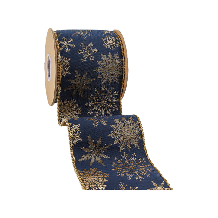 4" Wired Jacquard Ribbon | Blue Snowflake w/ Tissue Backing | 5 Yard Roll