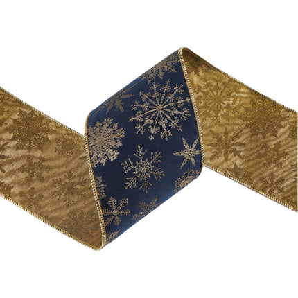 4" wired jacquard ribbon, navy with gold snowflakes on one side and gold with snowflakes on the reverse, versatile for decor.