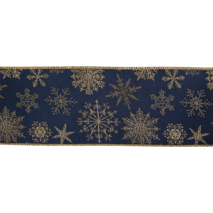 4" Wired Jacquard Ribbon | Blue Snowflake w/ Tissue Backing | 5 Yard Roll