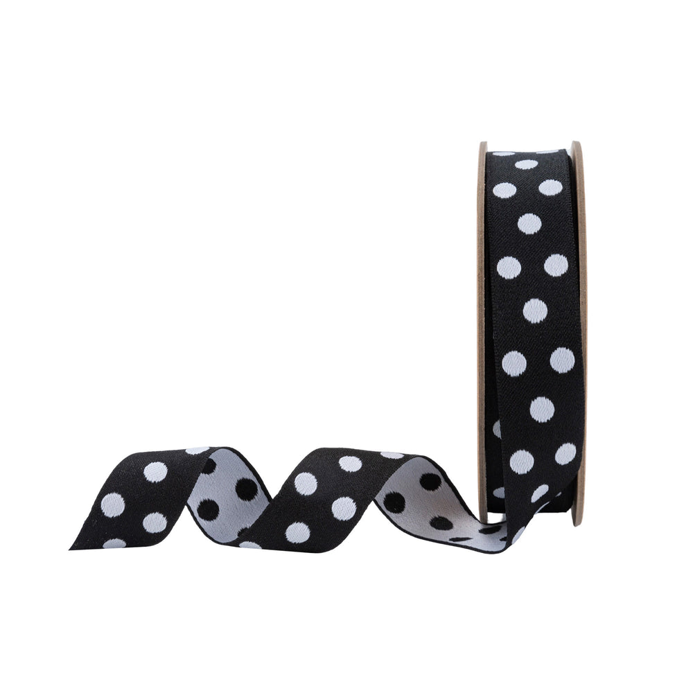 7/8" Double-Sided Jacquard Polka Dot Black/White | 10 Yard Roll LaRibbons Wholesale