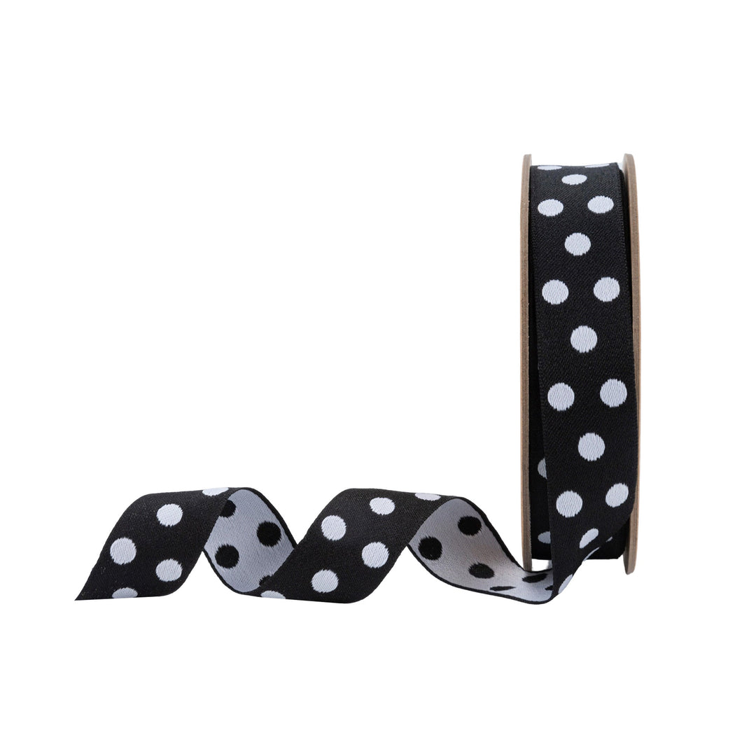 7/8" Double-Sided Jacquard Polka Dot Black/White | 10 Yard Roll LaRibbons Wholesale