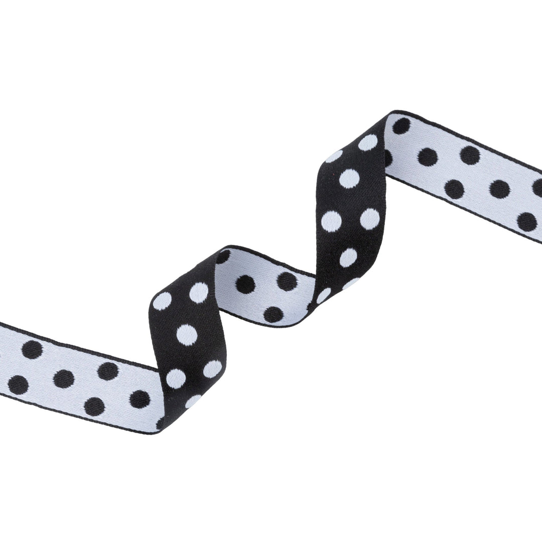 7/8" Double-Sided Jacquard Polka Dot Black/White | 10 Yard Roll LaRibbons Wholesale