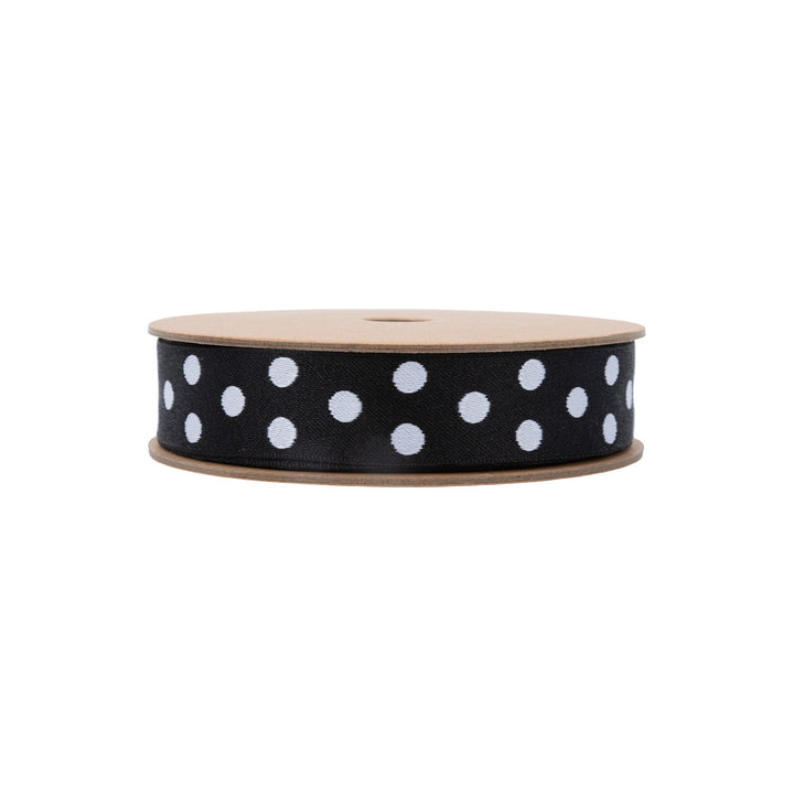 7/8" Double-Sided Jacquard Polka Dot Black/White | 10 Yard Roll LaRibbons Wholesale