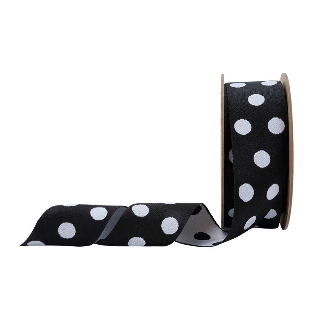 1 1/2" Double-Sided Jacquard Ribbon | Polka Dot Black/White | 10 Yard Roll LaRibbons Wholesale